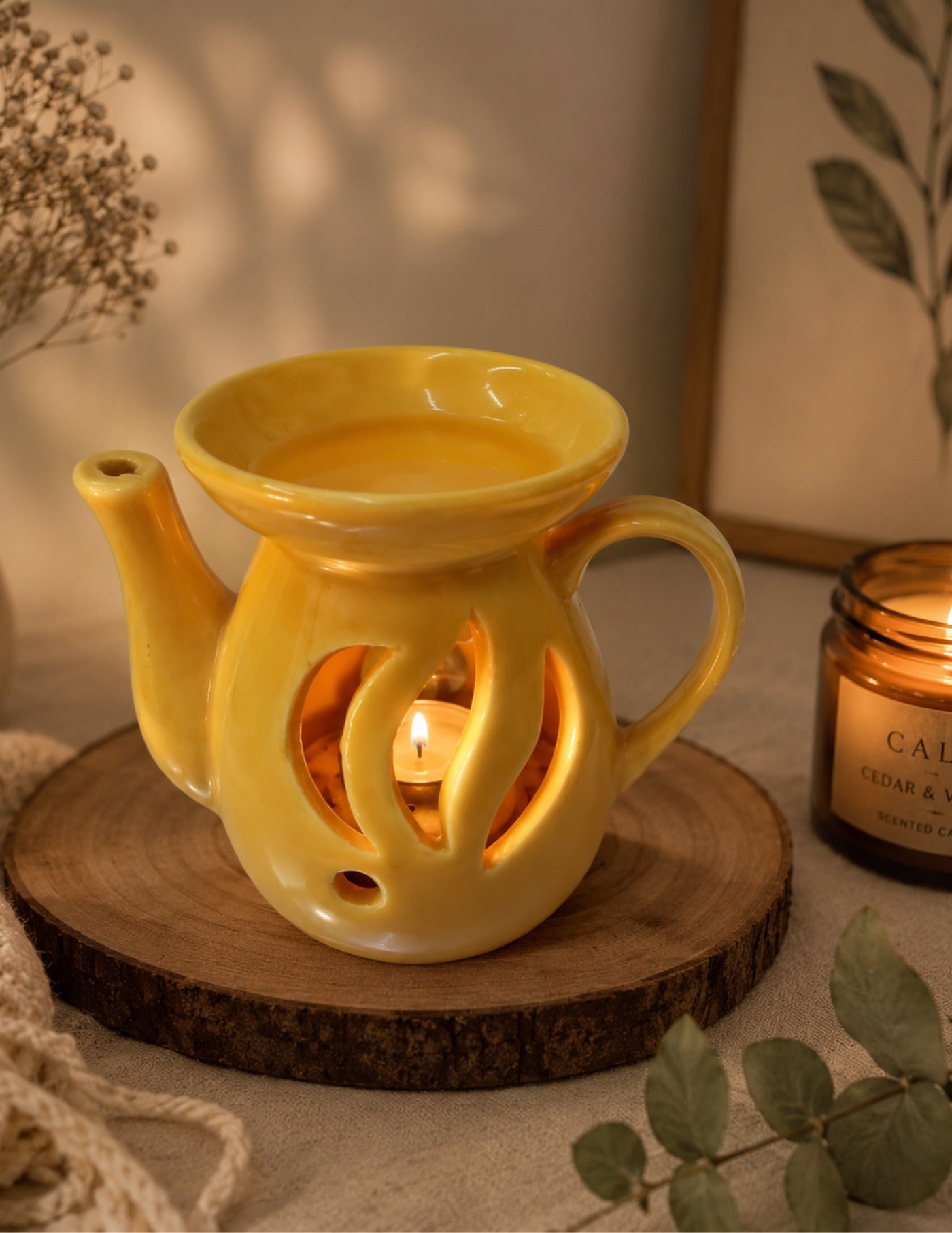 Ceramic Tealight Essential Oil Diffuser - Yellow (11x14cm)