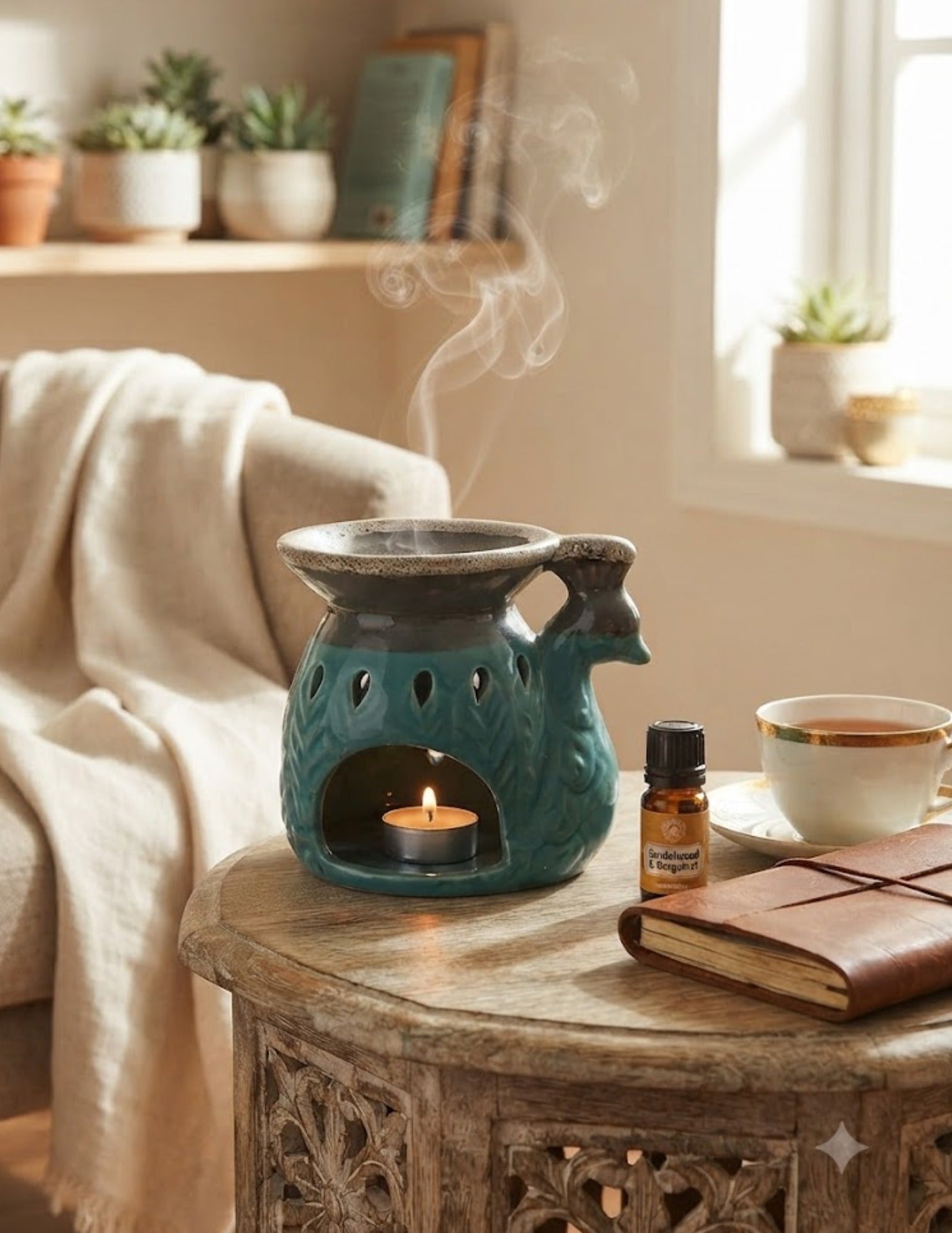 Ceramic Tealight Essential Oil Diffuser - Peacock (12x12cm)