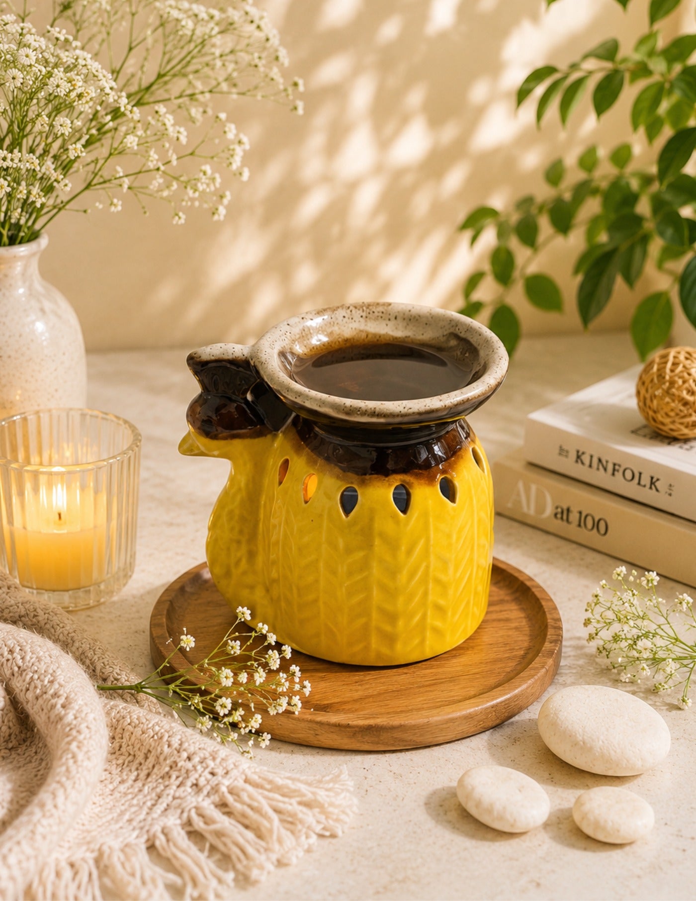 Ceramic Tealight Essential Oil Diffuser - Yellow (12x12cm)