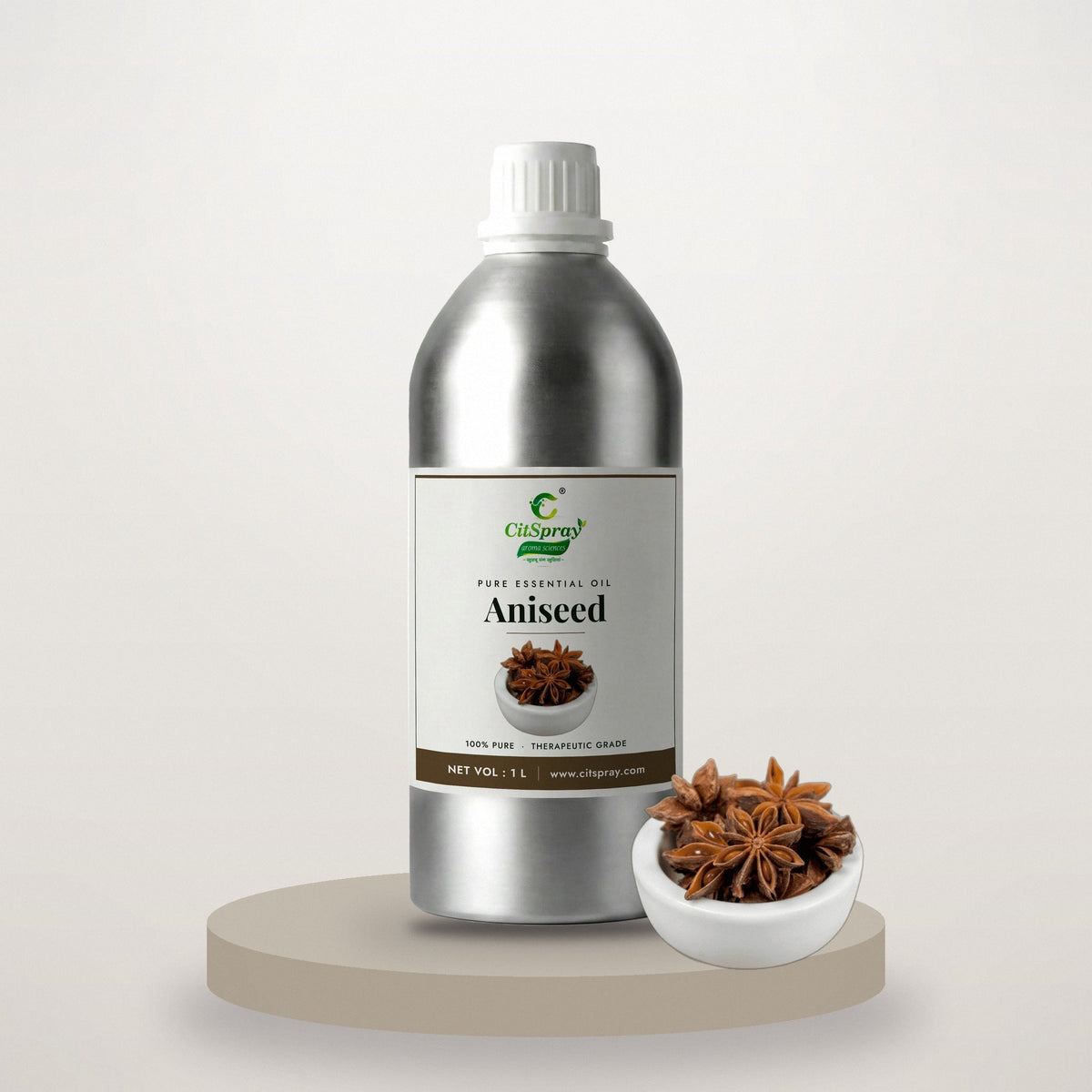 Aniseed essential oil by CitSpray in a 1 litre aluminium bottle with anise seeds