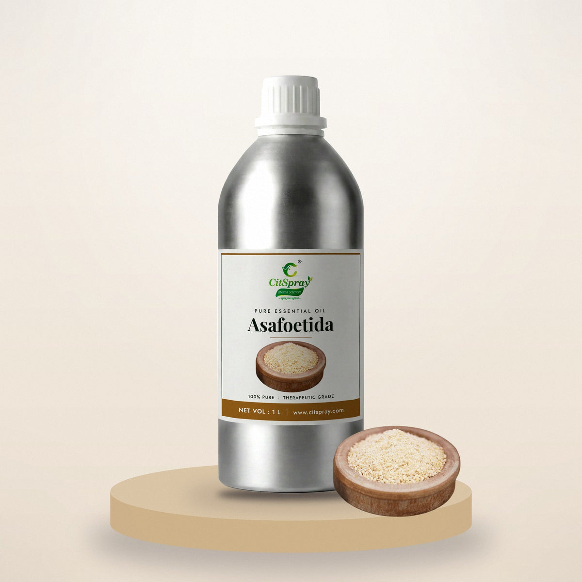 Asafoetida (Hing) essential oil by CitSpray in a 1 litre aluminium bottle with asafoetida resin