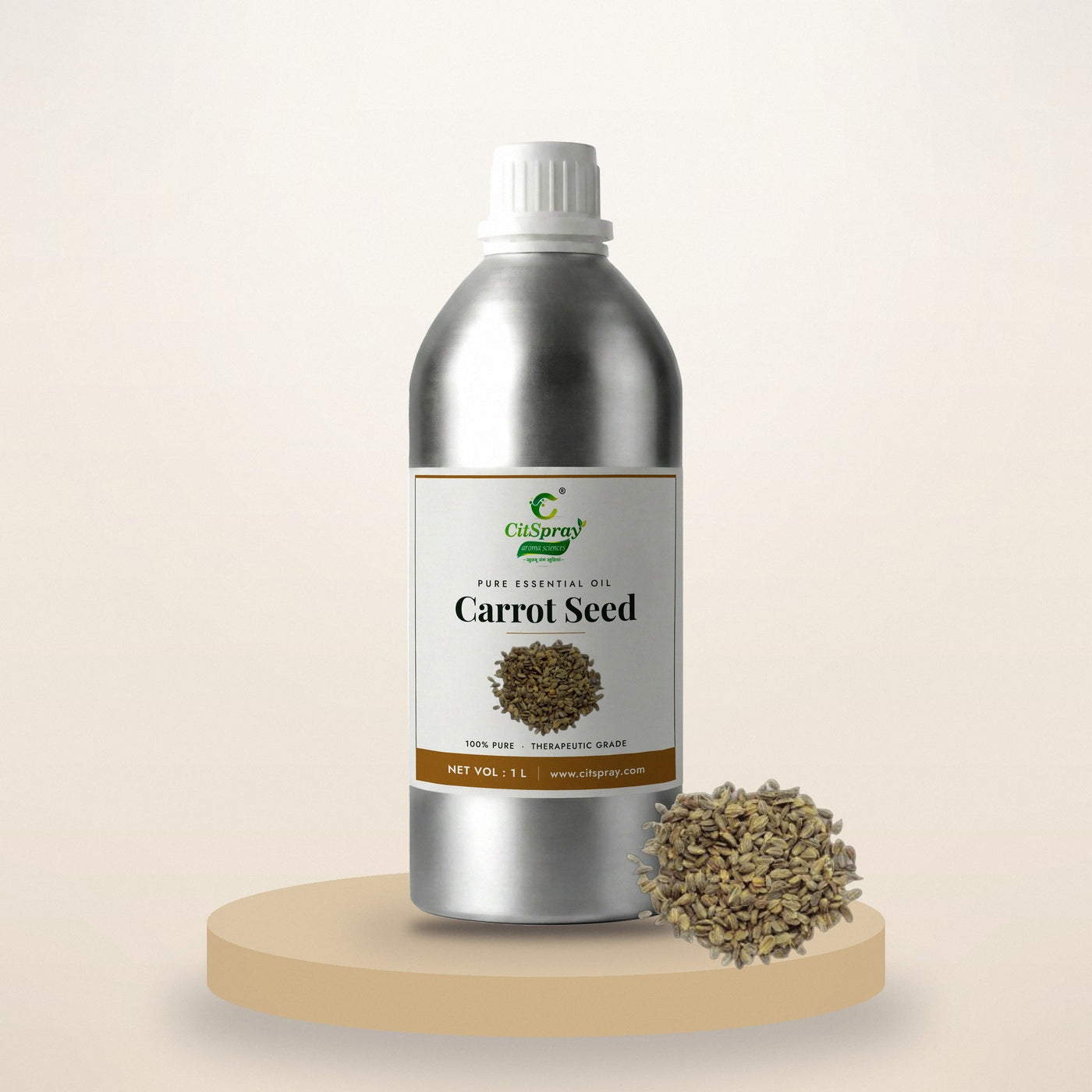 Carrot Seed essential oil by CitSpray in a 1 litre aluminium bottle with carrot seeds