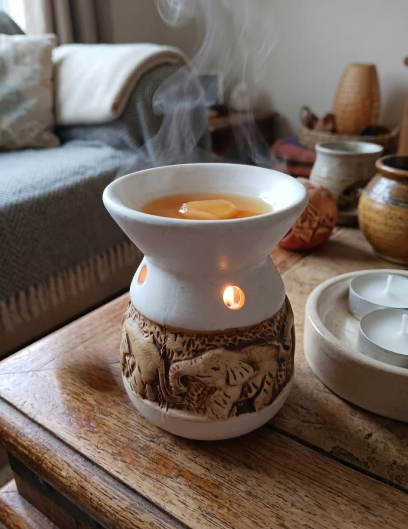 Carved Elephant Ceramic Tealight Oil Diffuser - White & Terracotta (8x10.5cm) - CitSpray