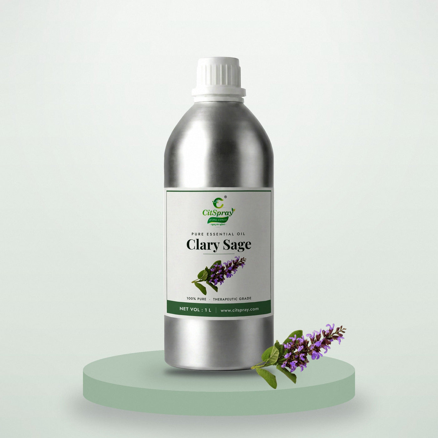 Clary Sage essential oil by CitSpray in a 1 litre aluminium bottle with clary sage leaves