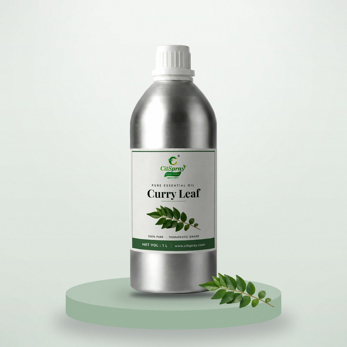 Curry Leaf essential oil by CitSpray in a 1 litre aluminium bottle with curry leaves