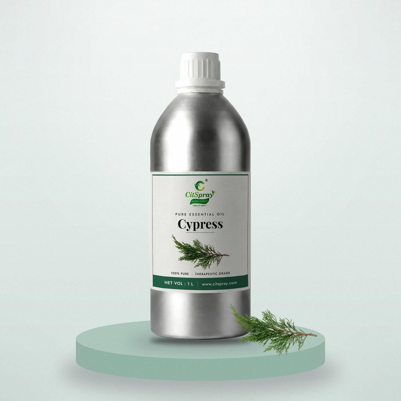 Cypress essential oil by CitSpray in a 1 litre aluminium bottle with cypress foliage