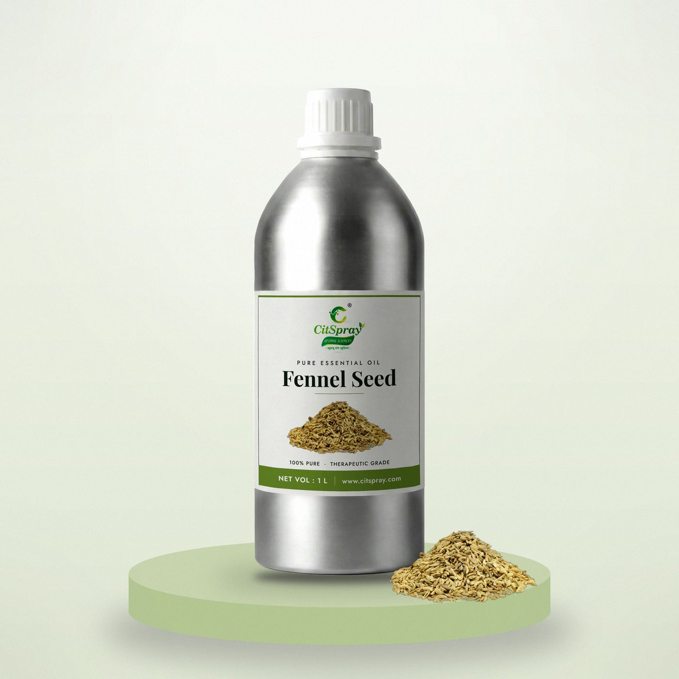 Fennel seed essential oil by CitSpray in a 1 litre aluminium bottle with fennel seeds
