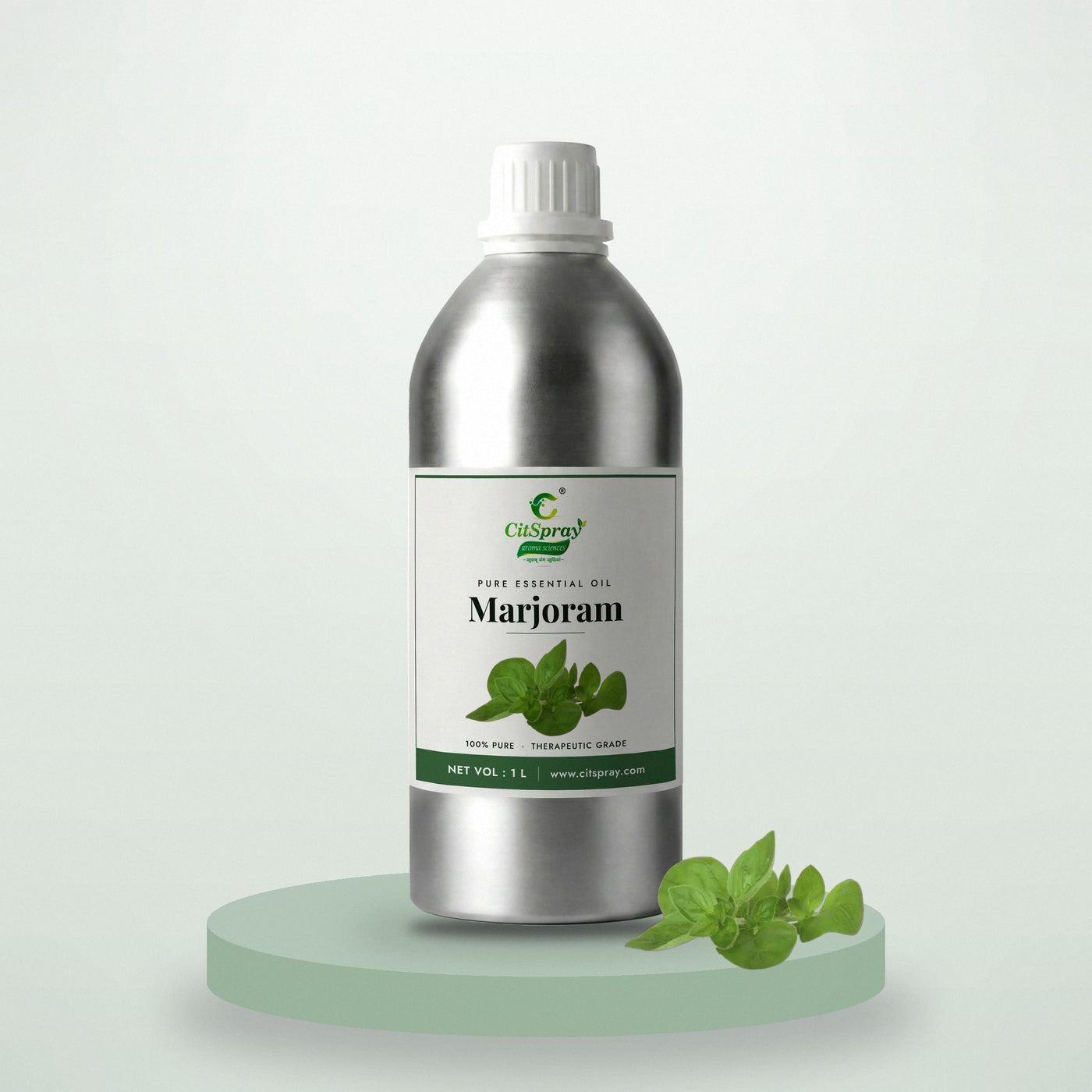 Marjoram essential oil by CitSpray in a 1 litre aluminium bottle with marjoram leaves