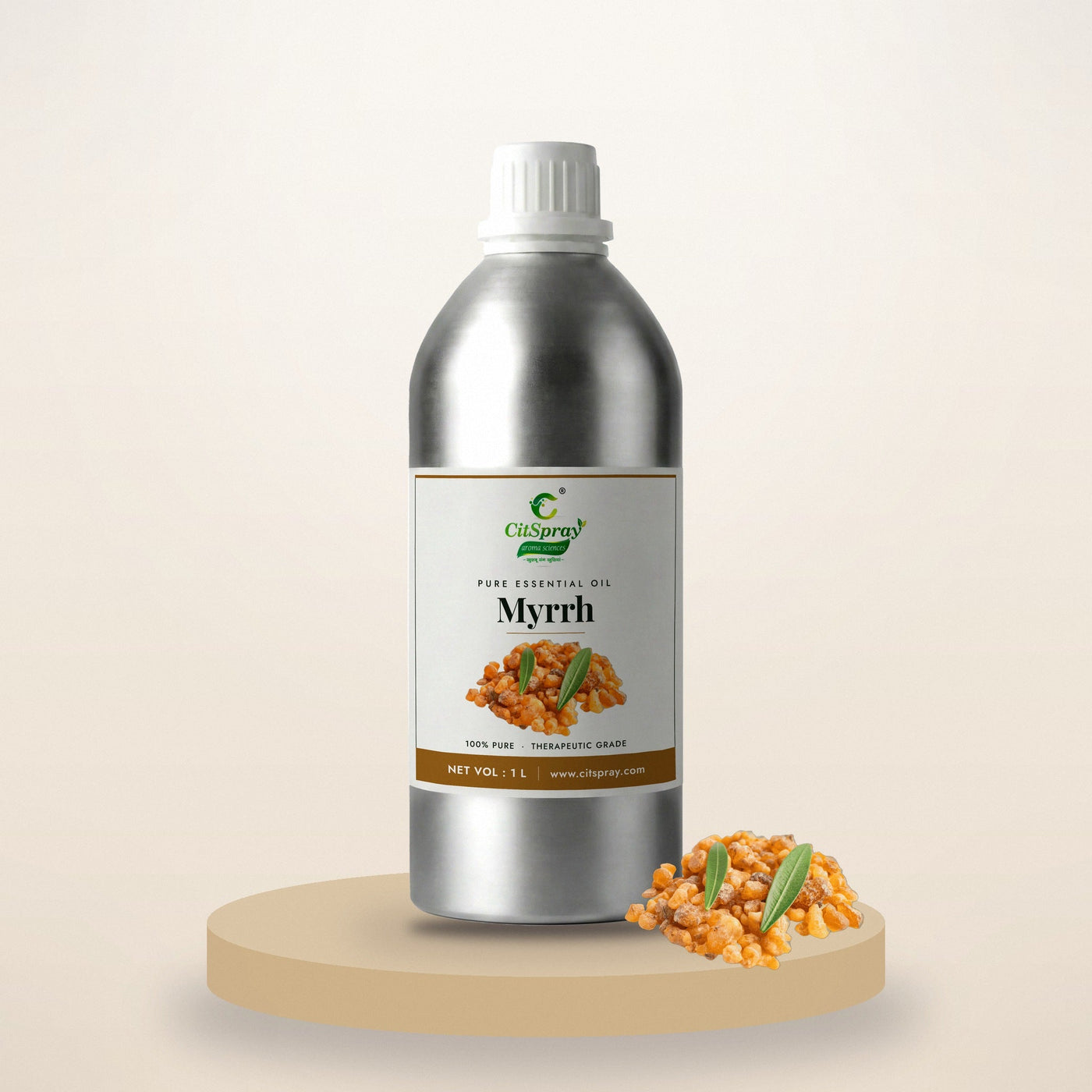 Myrrh essential oil by CitSpray in a 1 litre aluminium bottle with myrrh resin
