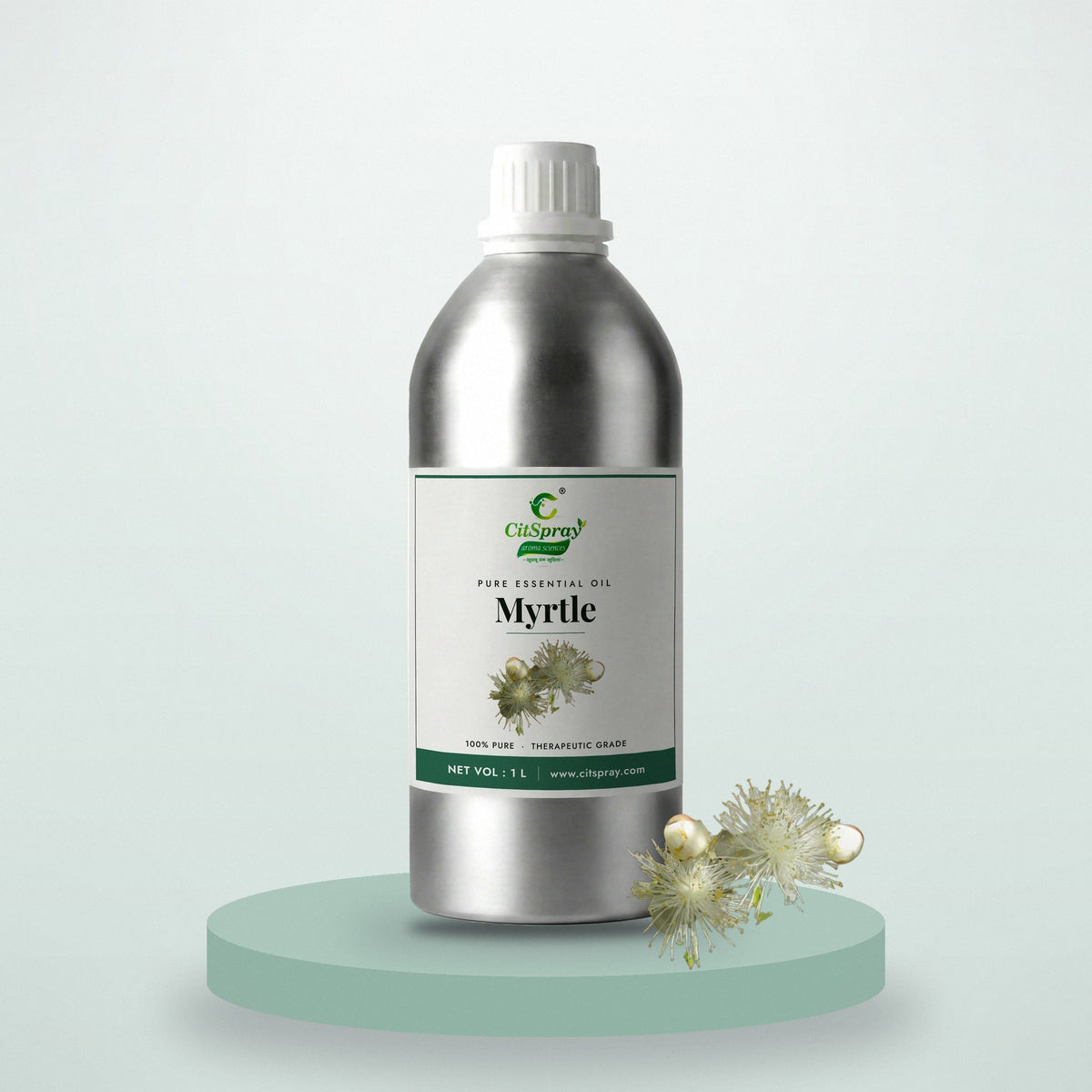 Myrtle essential oil by CitSpray in a 1 litre aluminium bottle with myrtle leaves