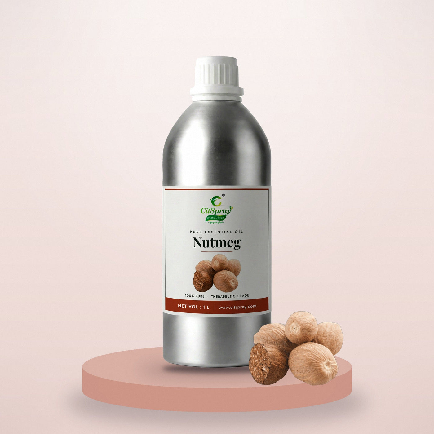 Nutmeg essential oil by CitSpray in a 1 litre aluminium bottle with nutmeg