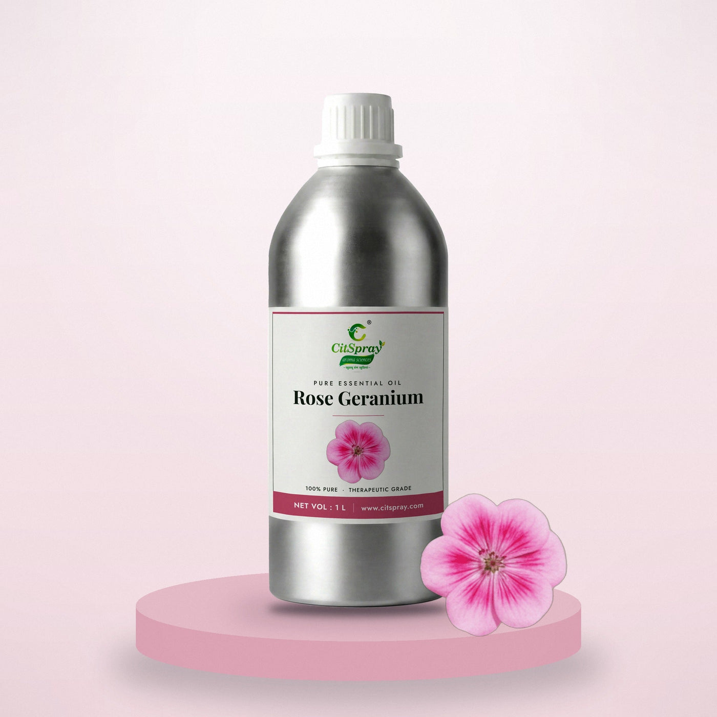 Rose Geranium essential oil by CitSpray in a 1 litre aluminium bottle with rose geranium flowers