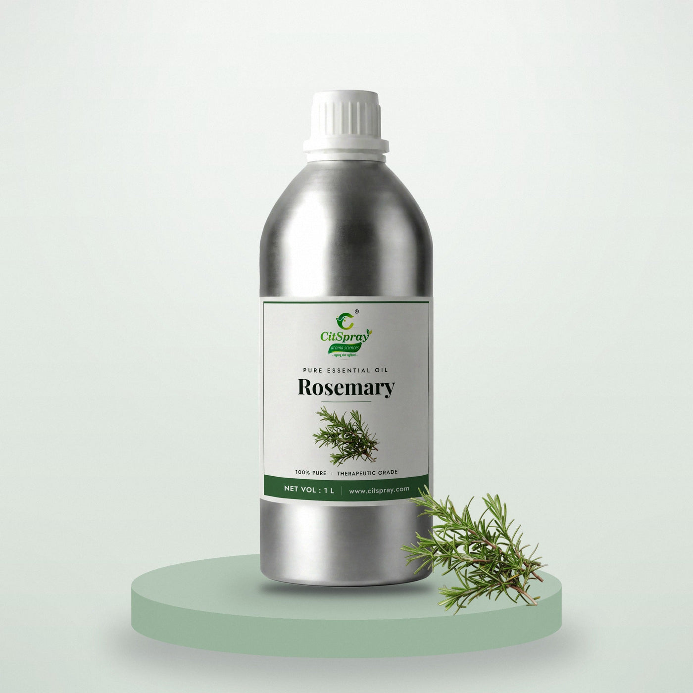 Rosemary essential oil by CitSpray in a 1 litre aluminium bottle with rosemary sprigs