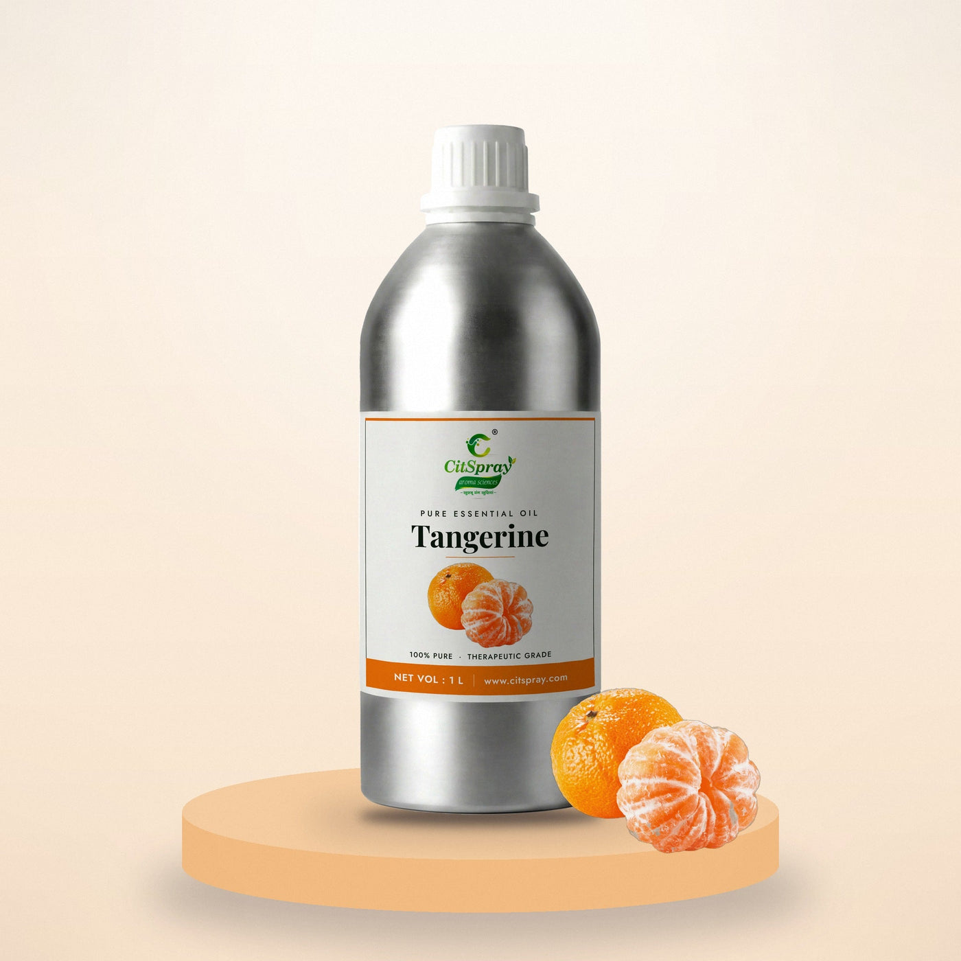 Tangerine essential oil by CitSpray in a 1 litre aluminium bottle with tangerines
