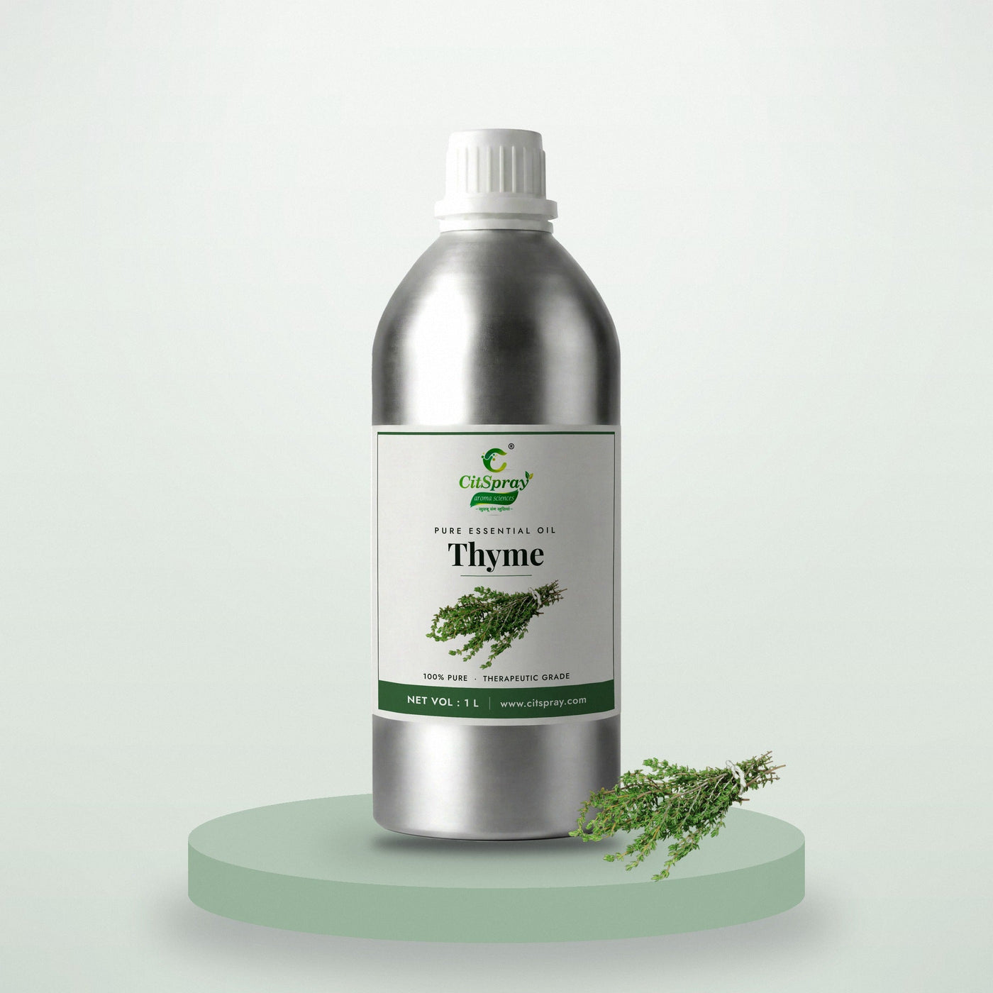 Thyme essential oil by CitSpray in a 1 litre aluminium bottle with thyme sprigs
