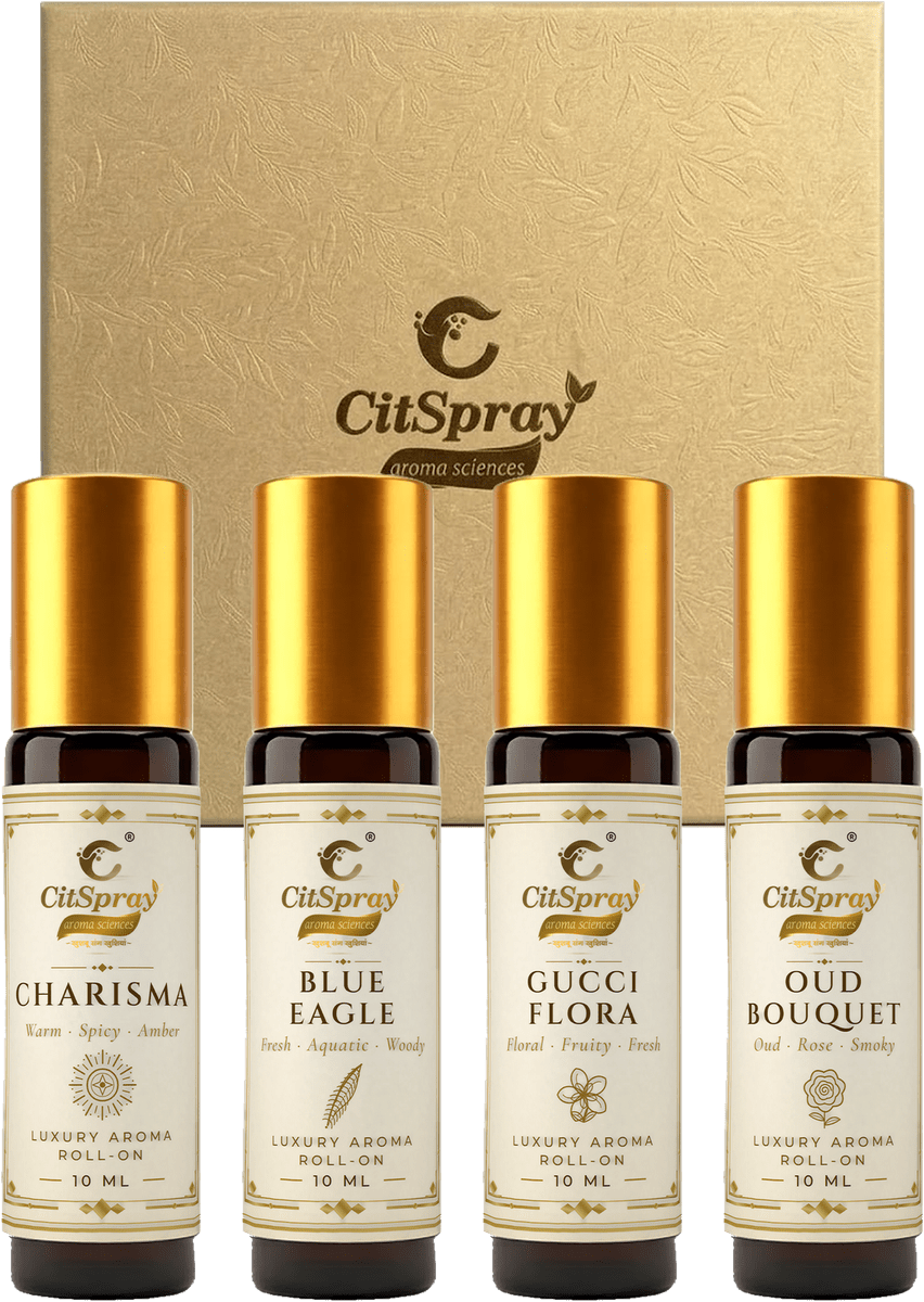 Luxury Aroma Roll-On Gift Set: embossed gift box with the four roll-ons, Charisma, Blue Eagle, Gucci Flora and Oud Bouquet