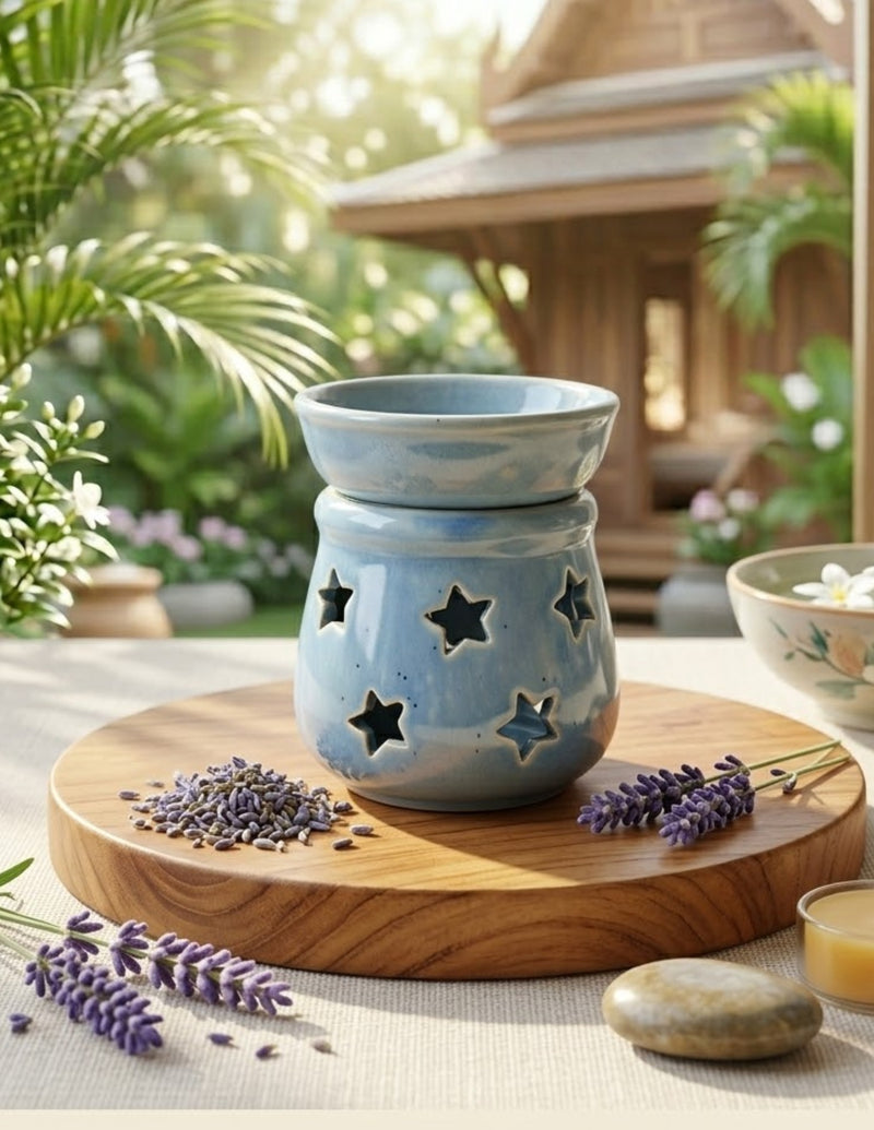 Denim blue star cutout ceramic tealight oil diffuser with lavender