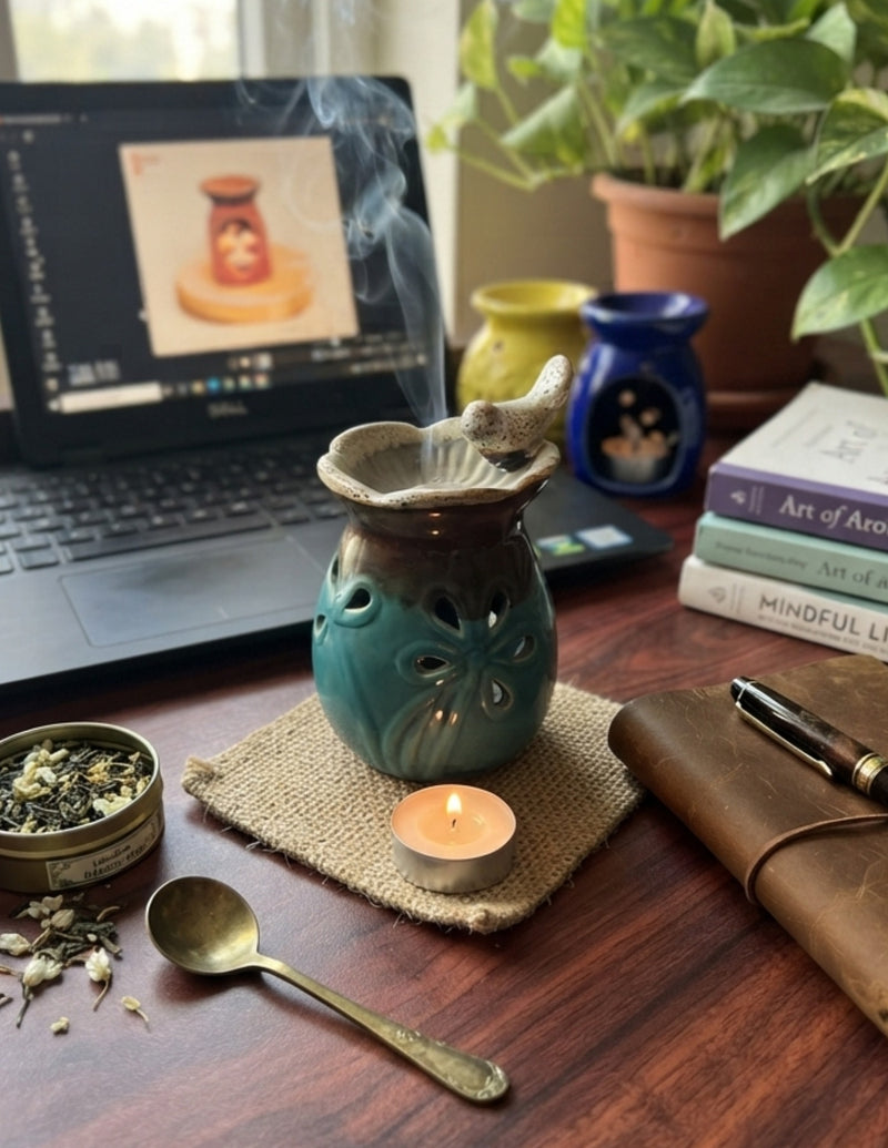 Peacock teal ceramic oil diffuser with perched white bird on the rim