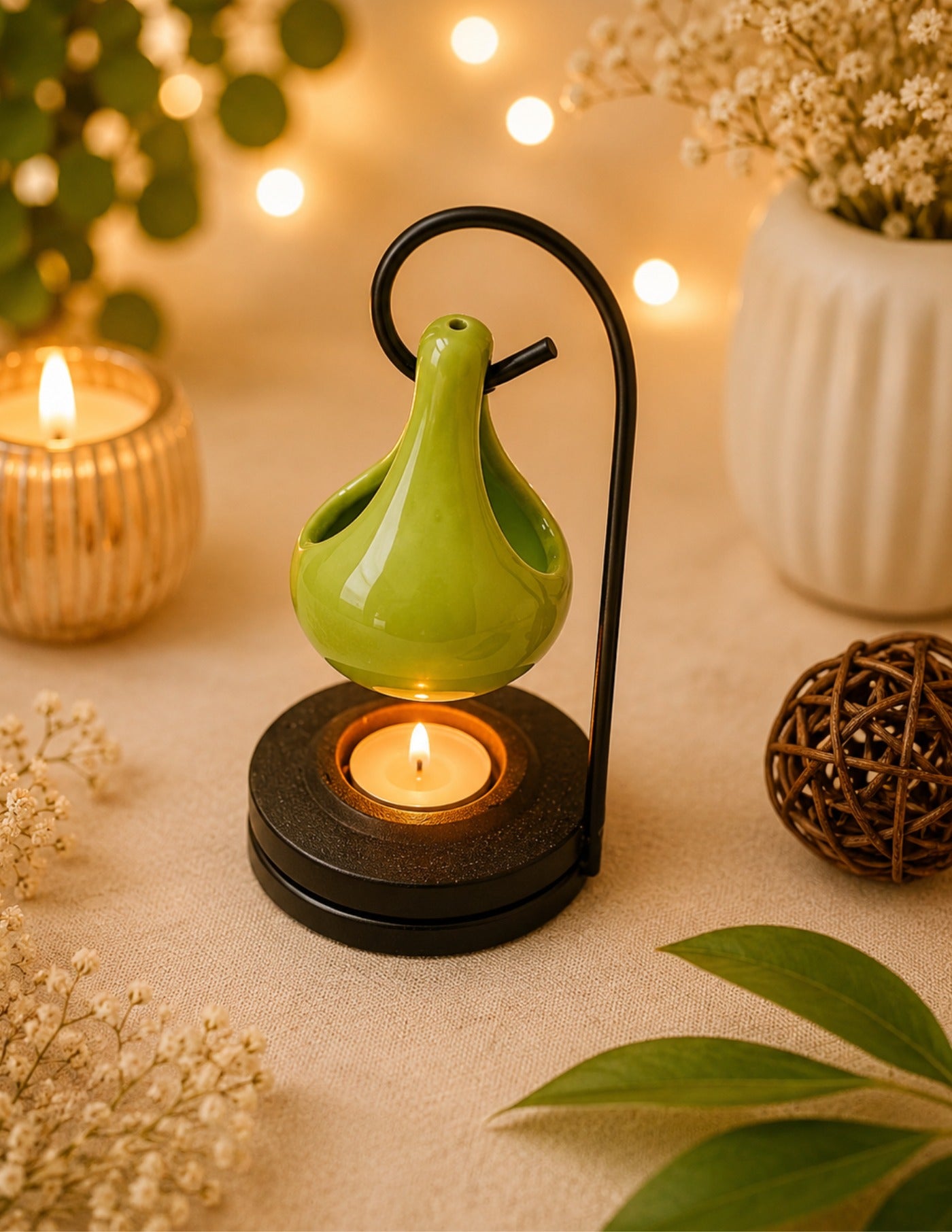 Tall Ceramic Tealight Aroma Diffuser - Green (9x20cm)