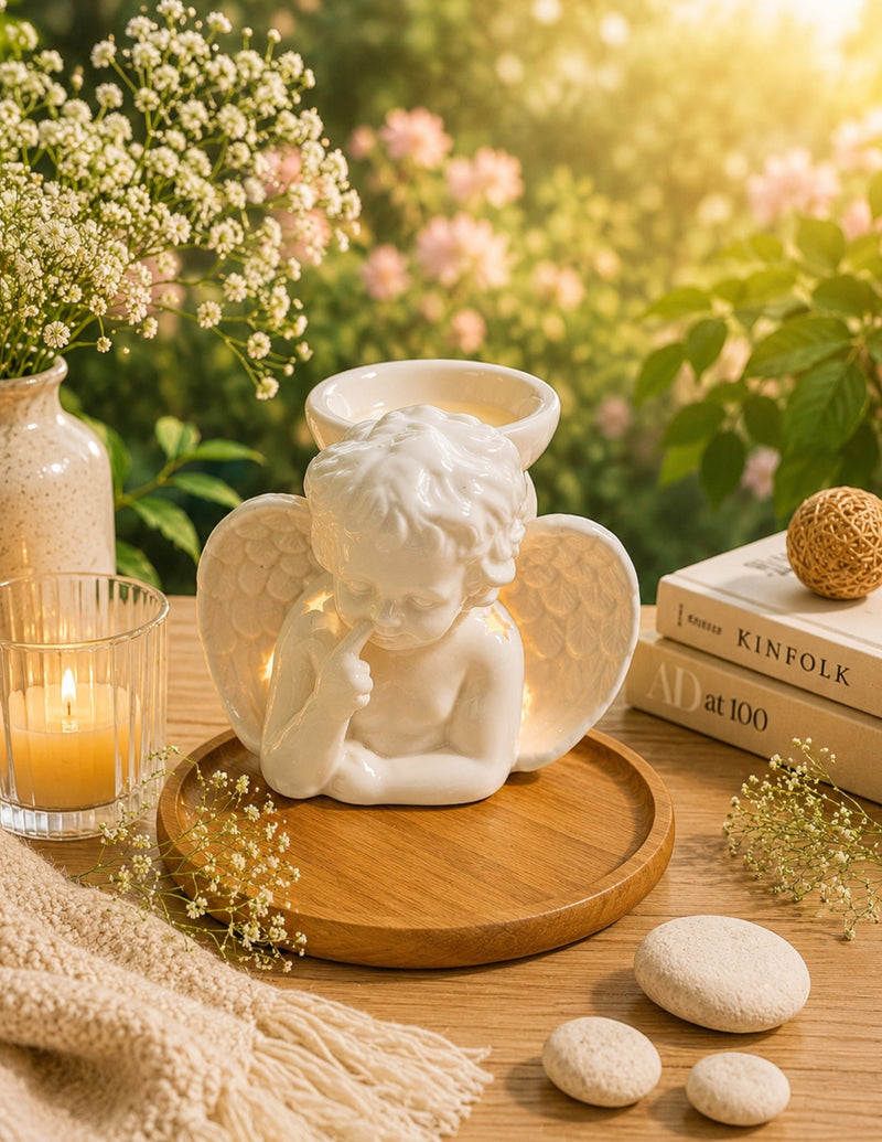 Ivory bone china guardian angel tealight oil diffuser lit on a wooden tray