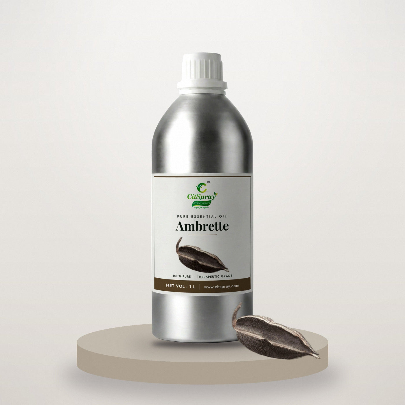 Ambrette essential oil by CitSpray in a 1 litre aluminium bottle with ambrette seeds