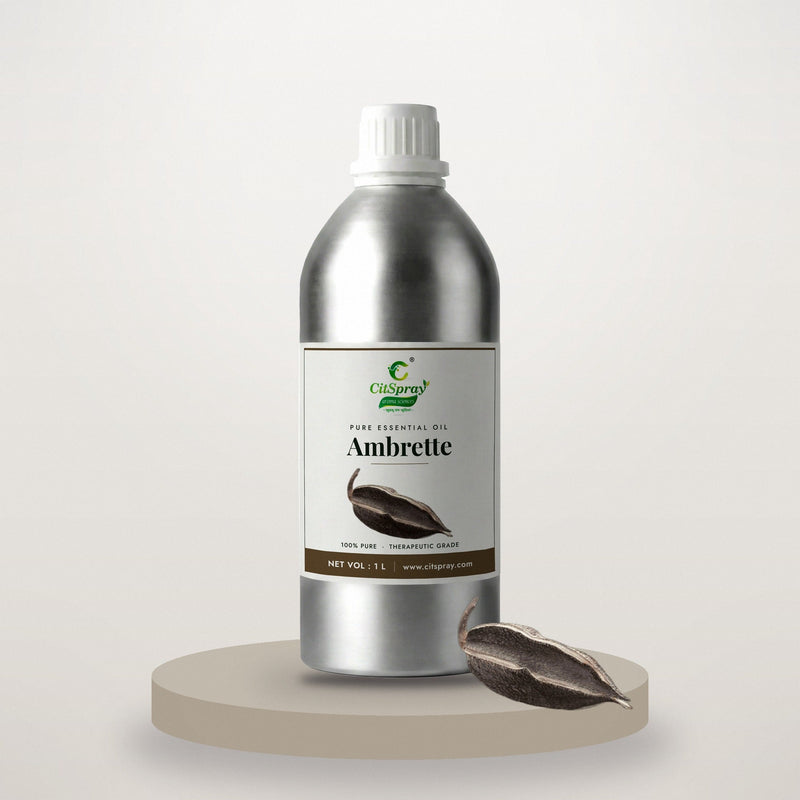 Ambrette essential oil by CitSpray in a 1 litre aluminium bottle with ambrette seeds