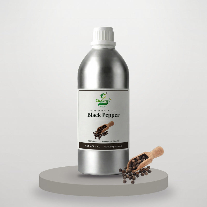 Black Pepper essential oil by CitSpray in a 1 litre aluminium bottle with black peppercorns