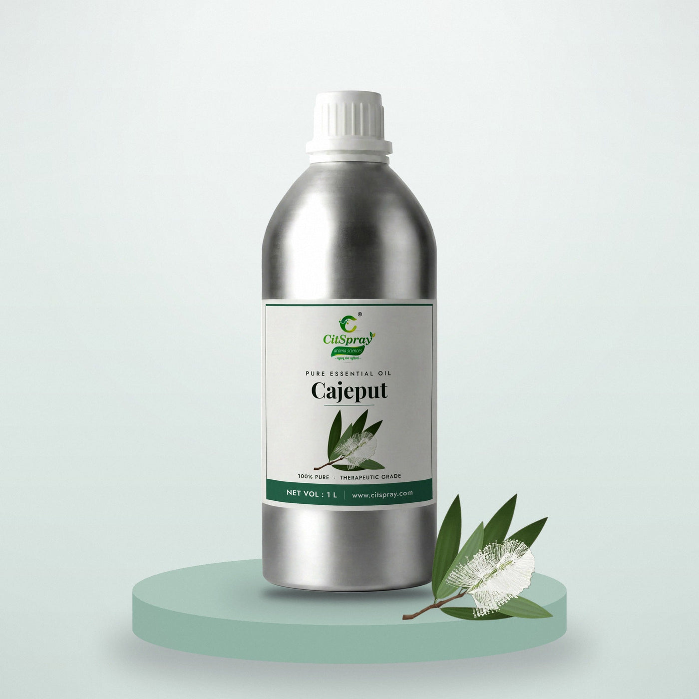 Cajeput essential oil by CitSpray in a 1 litre aluminium bottle with cajeput leaves