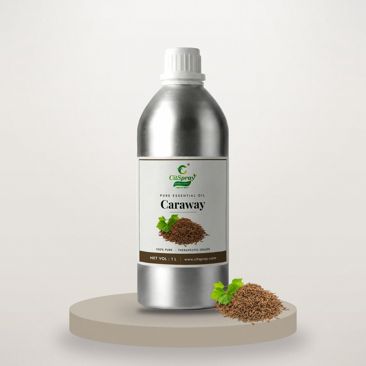 Caraway essential oil by CitSpray in a 1 litre aluminium bottle with caraway seeds
