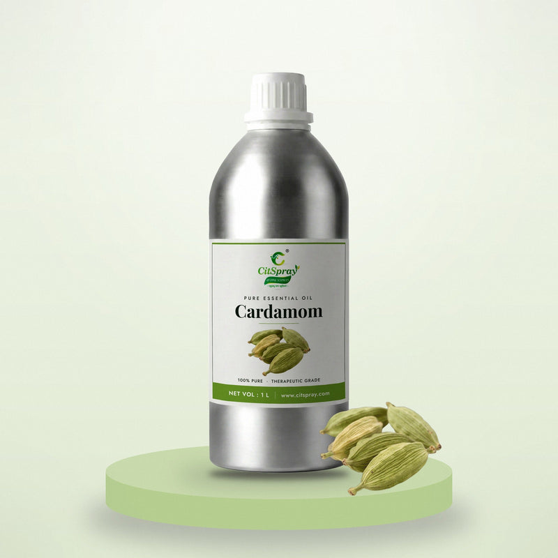 Cardamom essential oil by CitSpray in a 1 litre aluminium bottle with green cardamom pods