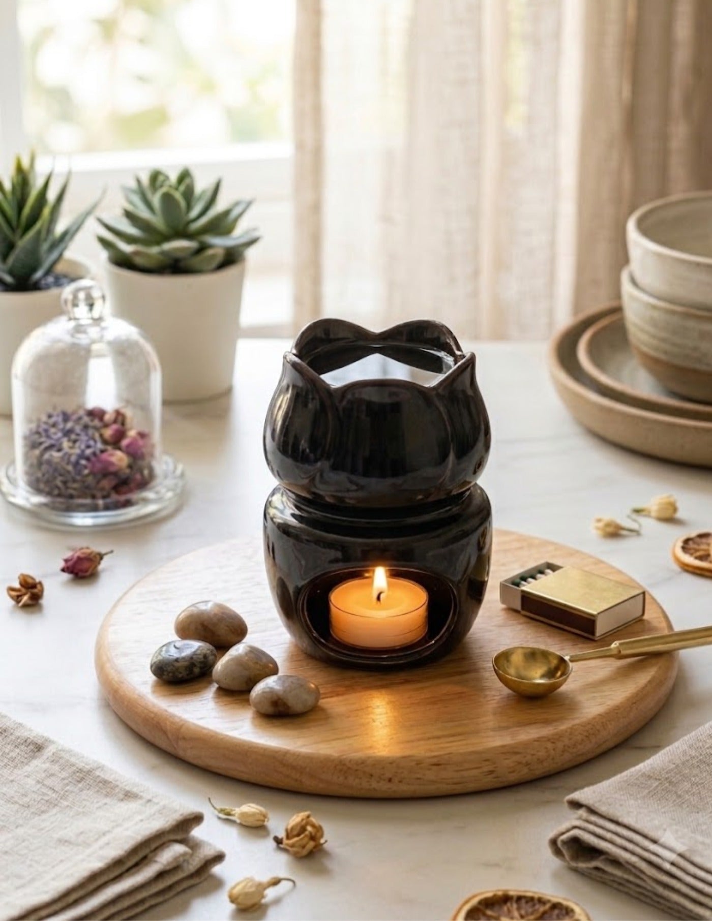 Cat Ceramic Tealight Oil Diffuser - Glossy Charcoal (6x13cm) - CitSpray