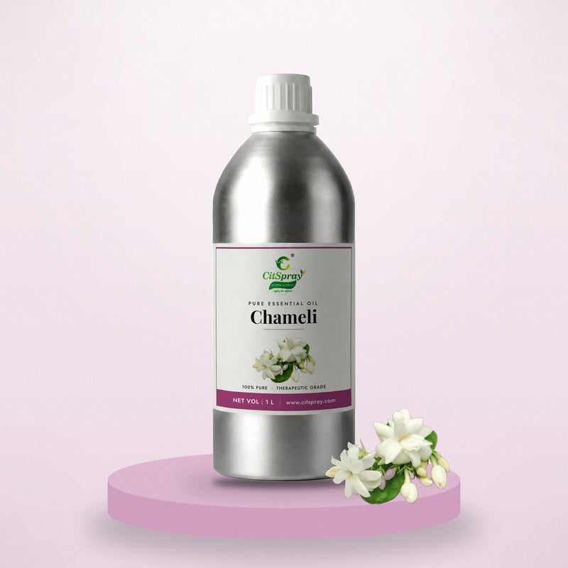Chameli essential oil by CitSpray in a 1 litre aluminium bottle with jasmine blossoms