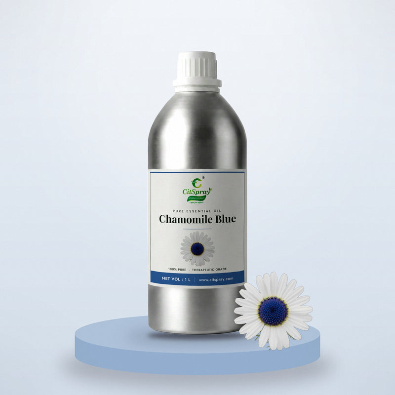 Chamomile Blue essential oil by CitSpray in a 1 litre aluminium bottle with chamomile flowers