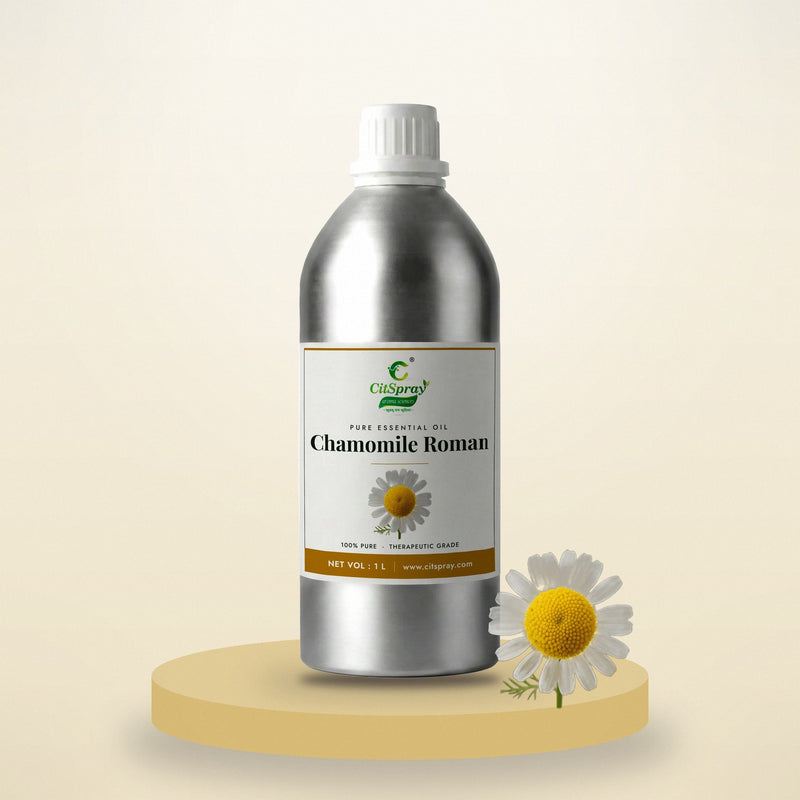 Chamomile Roman essential oil by CitSpray in a 1 litre aluminium bottle with Roman chamomile flowers