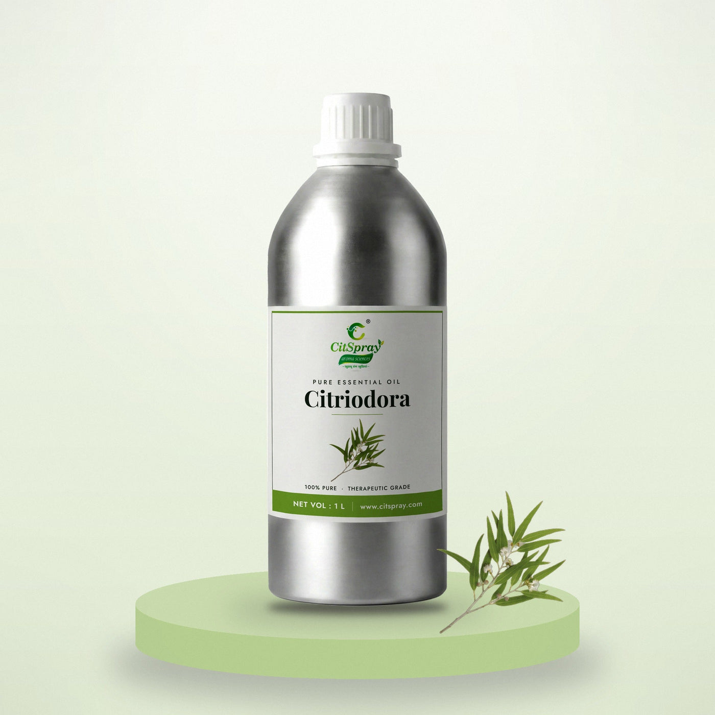 Citriodora essential oil by CitSpray in a 1 litre aluminium bottle with lemon eucalyptus leaves