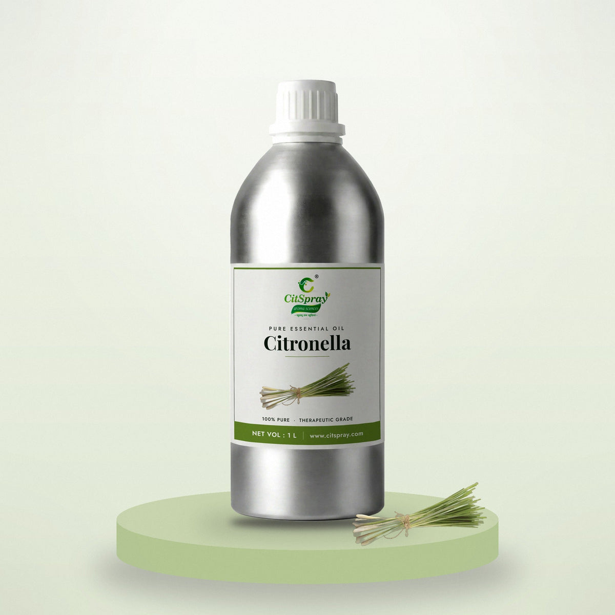Citronella essential oil by CitSpray in a 1 litre aluminium bottle with citronella grass