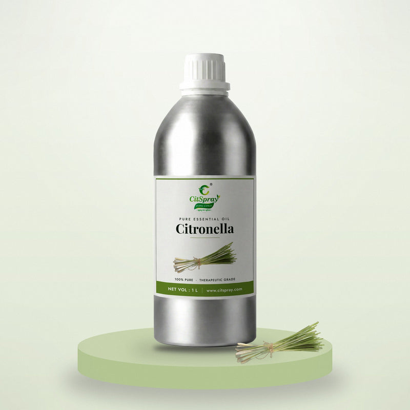 Citronella essential oil by CitSpray in a 1 litre aluminium bottle with citronella grass