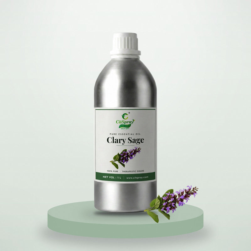 Clary Sage essential oil by CitSpray in a 1 litre aluminium bottle with clary sage leaves