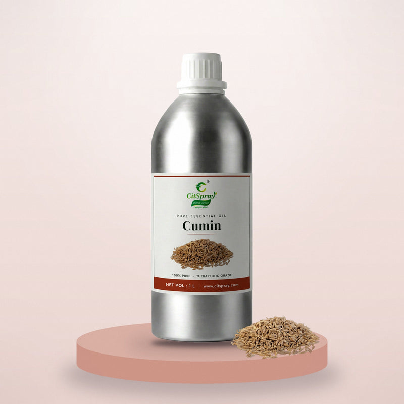 Cumin essential oil by CitSpray in a 1 litre aluminium bottle with cumin seeds