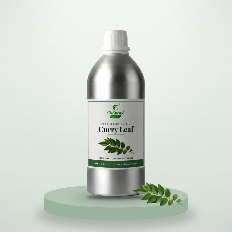 Curry Leaf essential oil by CitSpray in a 1 litre aluminium bottle with curry leaves