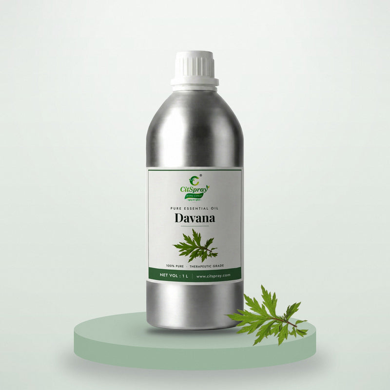Davana essential oil by CitSpray in a 1 litre aluminium bottle with davana flowers