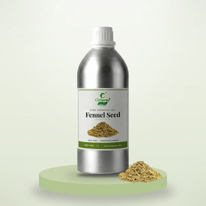 Fennel seed essential oil by CitSpray in a 1 litre aluminium bottle with fennel seeds