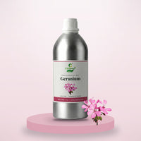 Geranium essential oil by CitSpray in a 1 litre aluminium bottle with geranium flowers thumbnail 1