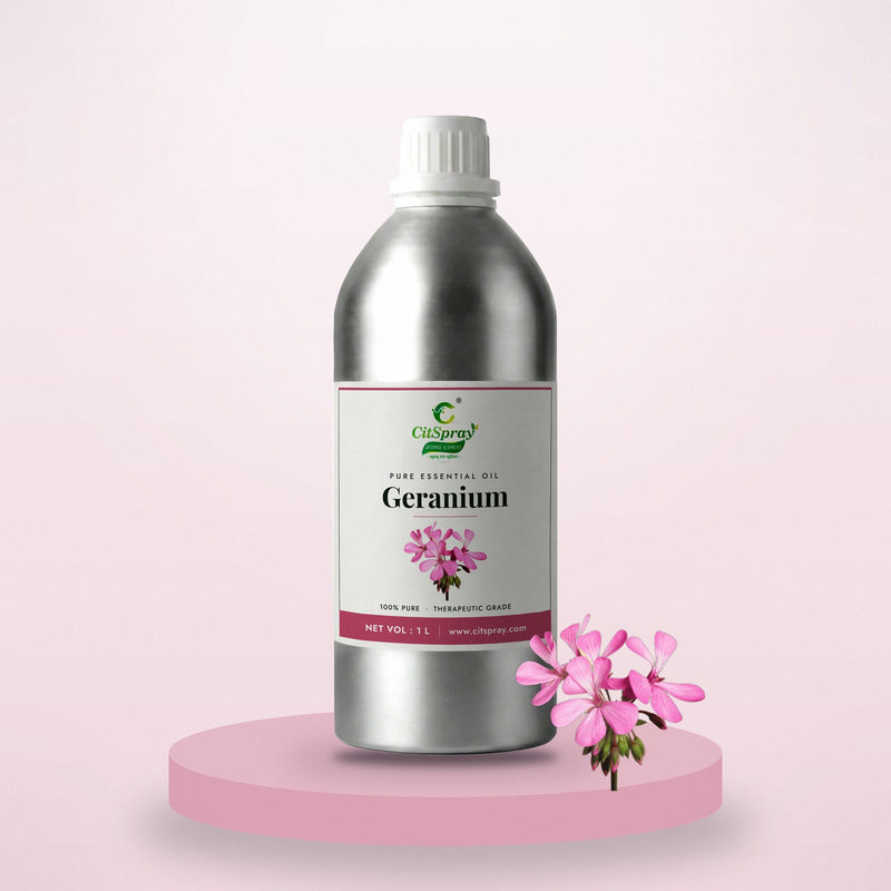 Geranium essential oil by CitSpray in a 1 litre aluminium bottle with geranium flowers