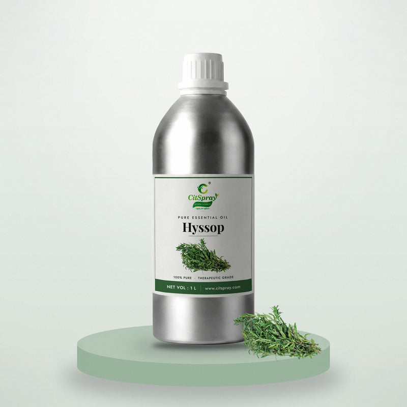 Hyssop essential oil by CitSpray in a 1 litre aluminium bottle with hyssop sprigs