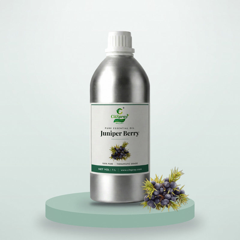 Juniper Berry essential oil by CitSpray in a 1 litre aluminium bottle with juniper berries