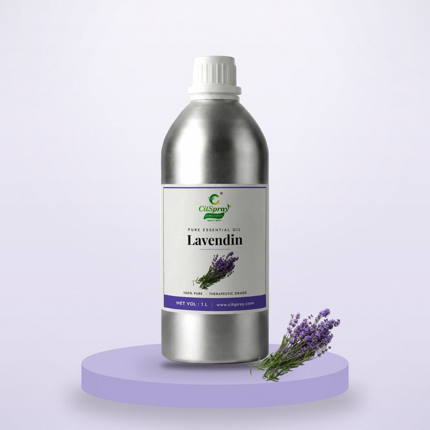 Lavendin essential oil by CitSpray in a 1 litre aluminium bottle with lavandin sprigs
