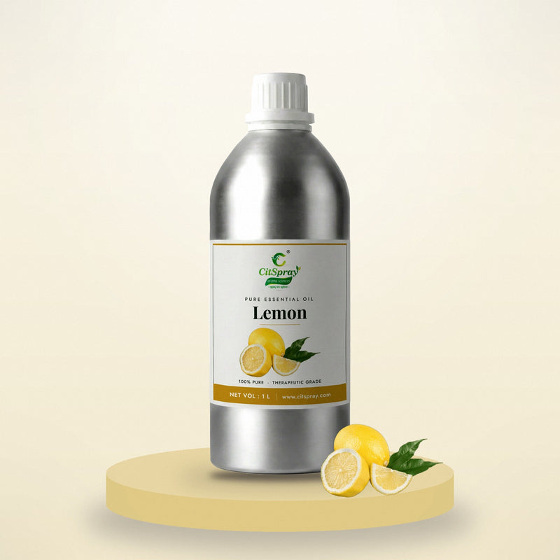 Lemon essential oil by CitSpray in a 1 litre aluminium bottle with fresh lemons