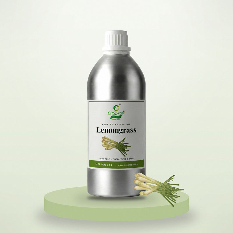 Lemongrass essential oil by CitSpray in a 1 litre aluminium bottle with lemongrass stalks