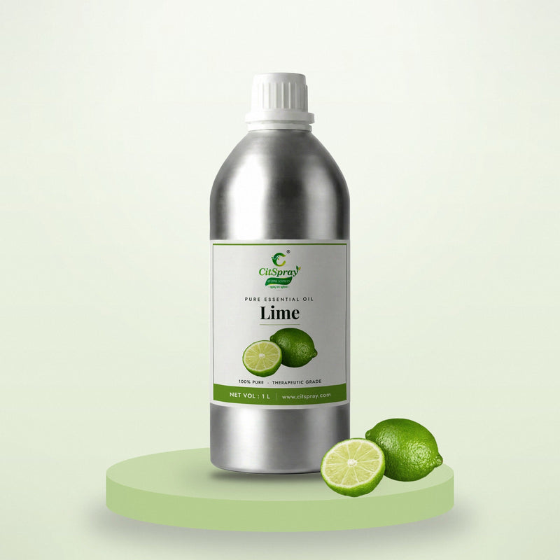 Lime essential oil by CitSpray in a 1 litre aluminium bottle with fresh limes